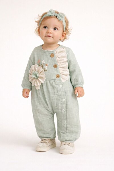 Babexi Çiçek Nakışlı Bandanalı Kız Bebek Tulum