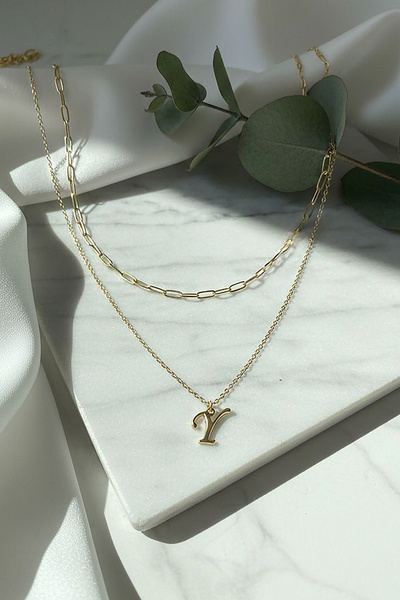 Larius Jewelry Altın Kaplama İkili Zincir Harf Kolye , Kişiye Özel Hediye Kolye