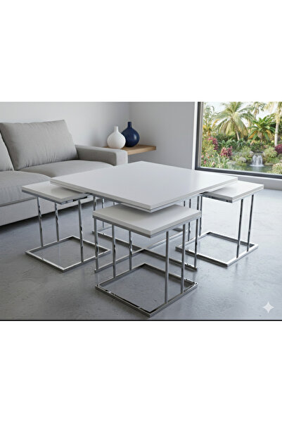 Nokta Sehpa Home RİO 5Lİ SET 4+1 pizza 5li set ORTA SEHPA gümüş beyaz