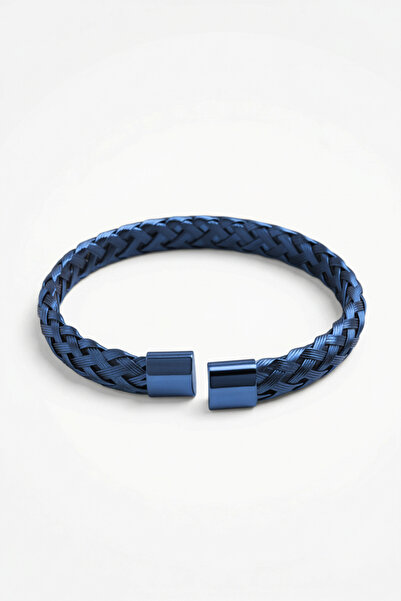 HERİF Aksesuar Erkek Klasik Örgü Kelepçe Çelik Bileklik - Lacivert