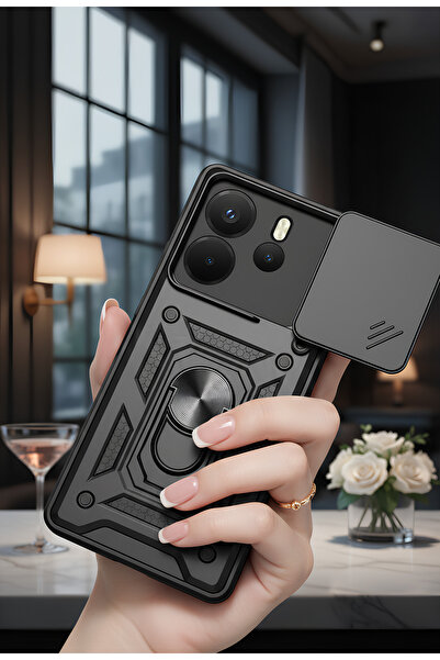 Hatreds Redmi Note 14 4G Kılıf Sürgülü Lens Korumalı Yüzüklü Stand Olabilen T...