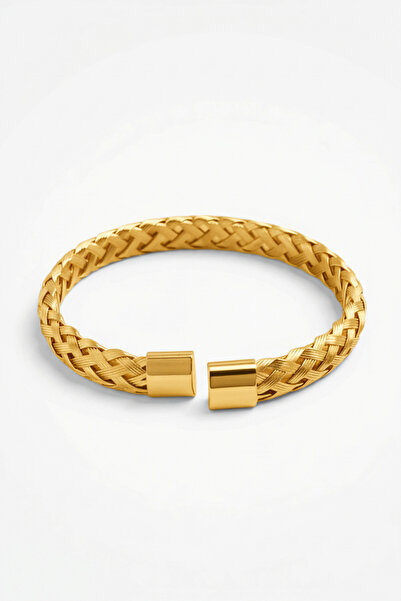 HERİF Aksesuar Erkek Klasik Örgü Kelepçe Çelik Bileklik - Altın Renk