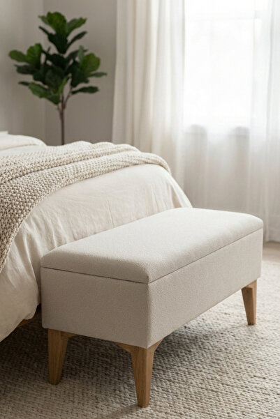 MEFAKS TEKSTİL Sandıklı Bench Puf – Krem Kapaklı Ahşap Ayaklı Fonksiyonel Puf