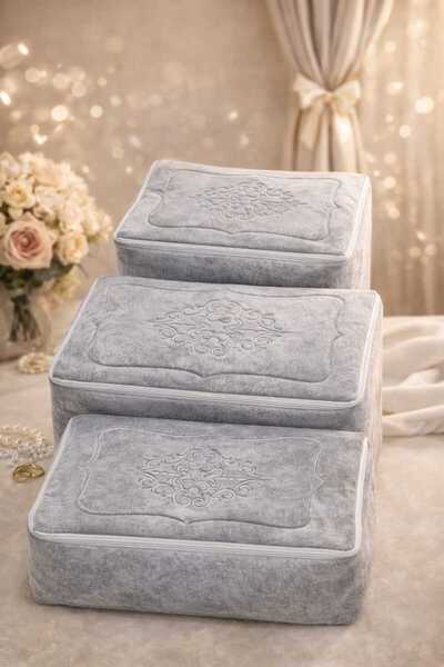 madam gold Kadife Sırma Işlemeli 3’lü Gri Bohça Nişan Gelin Damat Hurcu