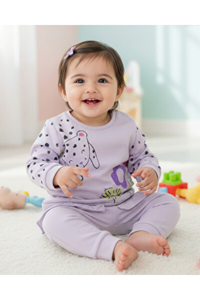 Ege Bebek طقم أطفال أنيق مطبوع عليه طفلة وقطة وزهور موسمي من عمر 6 إلى 36 شهر...