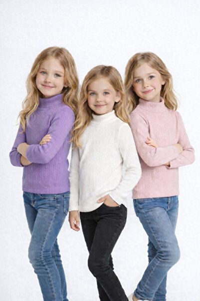 BABİDO Ribbed Half-High-Necked Girls' High-Necked Badi Color (3 Pieces) White...