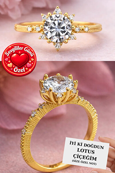 CARAT STONE Gümüş altın kaplama Lotus çiçeği tek taş yüzük. IŞIKLI KUTUDA TEK...