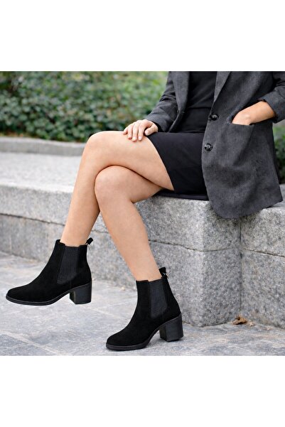 TwoEgoist حذاء نسائي أسود من جلد الغزال الأصلي بكعب سميك 7.5 سم ومطاط مفصل لل...