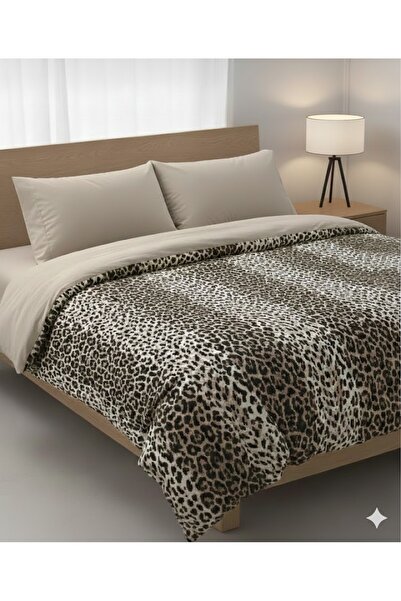 She&Co طقم غطاء لحاف مزدوج مع ملاءة مطاطية - كريمي ليوبارد