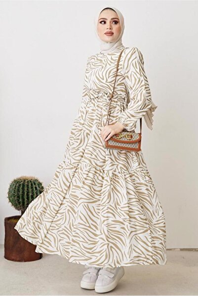 TRENDTESETTÜR KADIN BEJ ZEBRA DESENLİ KUŞAKLI ELBİSE T 104