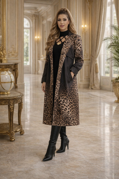 Yeşilmoda Trench Coat Leopard Print Black Trench Coat – Plus Size. Stone Embr...