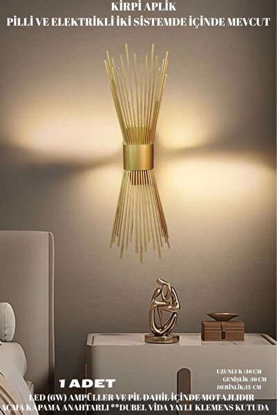 shop Kirpi Eskitme Gold Modern Günışığı Ampüllü Pilli Aplik 1 Adet Duvar Apliği