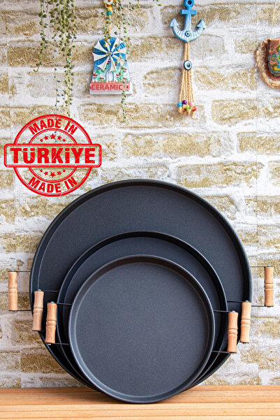 kitchen trend 3 قطع (51، 37، 30 سم) صواني معدنية بمقابض خشبية صواني شاي وقهوة...