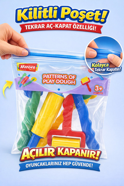 HEROES 6 Parça Oyun Hamuru Şekillendirme Seti - Merdane Oklava ve Silindir Kalıp Aksesuarları
