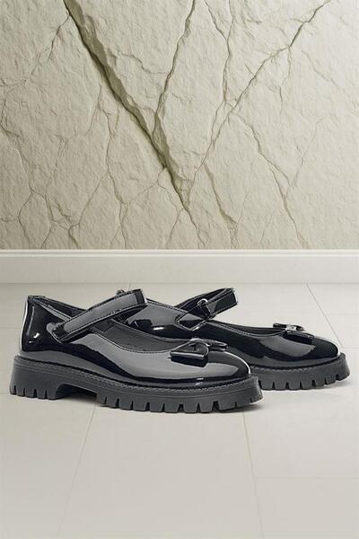 Rakerplus Balerini pentru fete din piele lacuita neagra cu talpa groasa Velcro