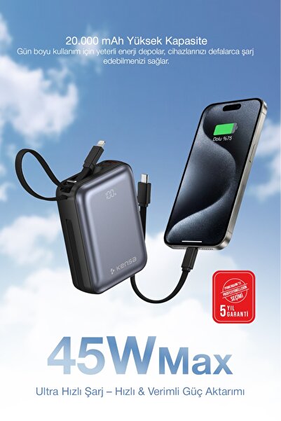 Kensa Hızlı Şarj Powerbank 20.000 mAh 45W – USB-C & Çoklu Cihaz Desteği, Taşı...