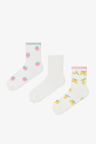 Penti 3 Pairs of Cotton Colorful Fruit Patterned Socks with Stripe Detail