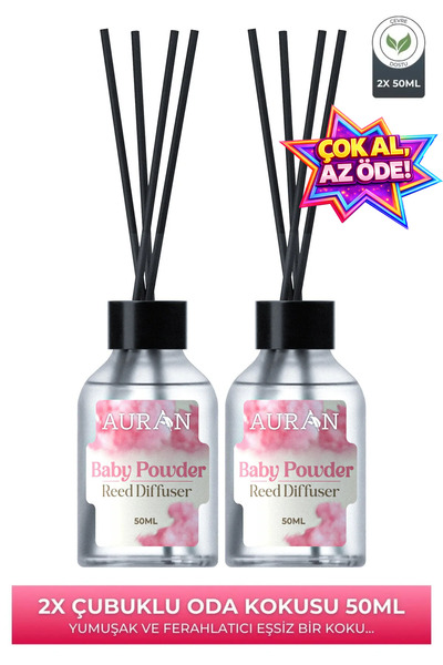 AURAN 2’li Bebek Pudrası Çubuklu Oda Kokusu Esansiyel Uçucu Yağ Baby Powder 2...