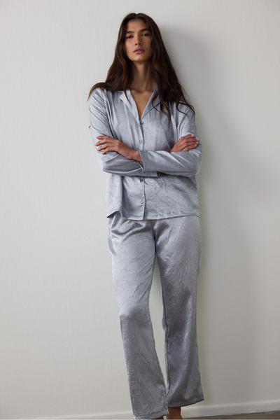 Penti Light Gray Satin Shirt Collar Buttoned Long Sleeve Pajama Set