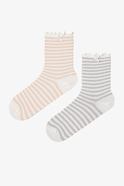 Penti 2 Pairs of Striped Ruffle Socks with Cotton Bow Accessories