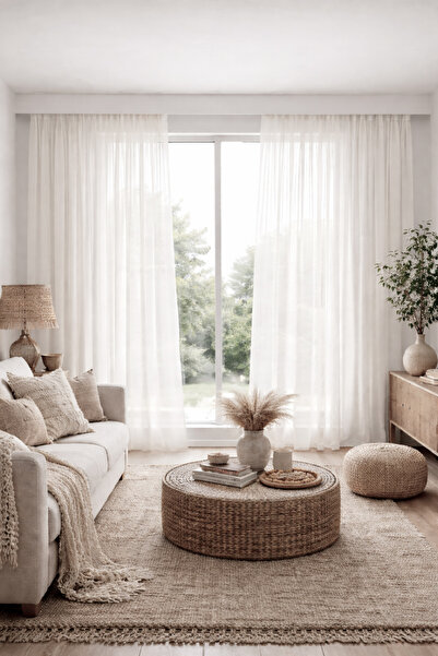 GOCCIA HOME Mikro İpek Vual Pilesiz Düz Tül Perde Ekru Beyaz