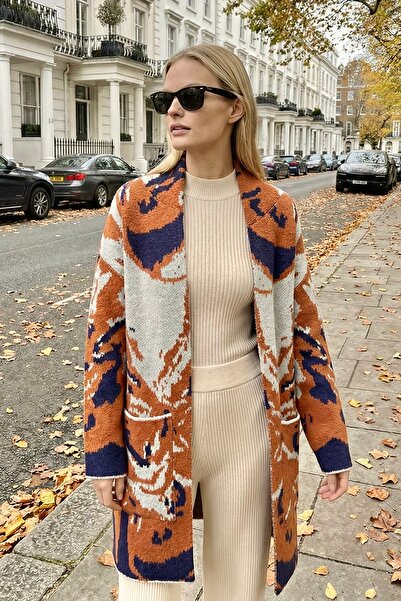 lamea Kadın Desenli Uzun Oversize Triko Hırka – Cepli – Turuncu/Lacivert