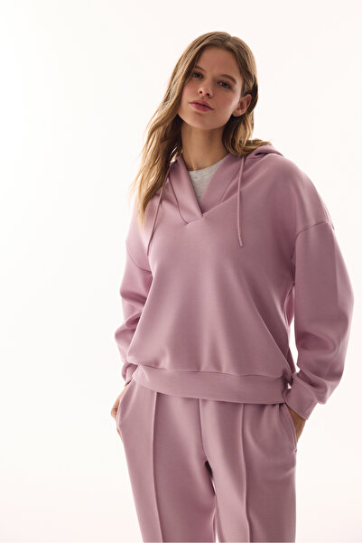 Penti Liliac cu decolteu în V supradimensionat cu glugă Swea tricou