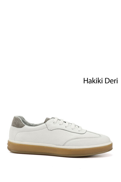 GÖNDERİ(R) حذاء رياضي مريح من الجلد الطبيعي برباط باللون الأبيض للرجال