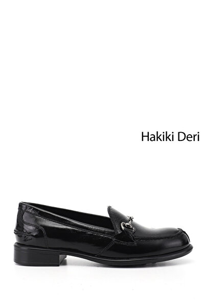 GÖNDERİ(R) Γυναικεία μαύρα λουστρίνι με πόρπη από γνήσιο δέρμα Loafer παπούτσια