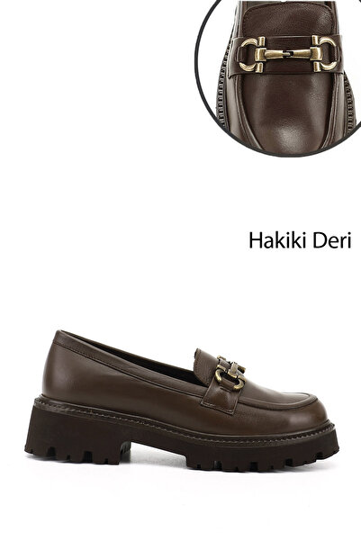 GÖNDERİ(R) Kadın Kahve Antik Kalın Topuklu Tokalı Hakiki Deri Loafer Ayakkabı