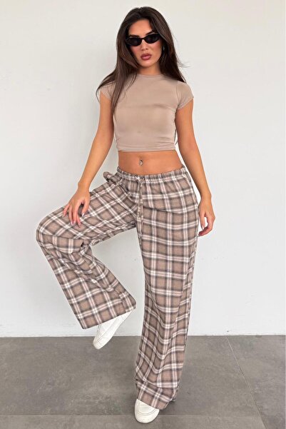 Madmext Beige Elastic Waist Wide Leg Plaid Trousers Mg2658