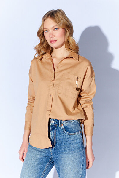 Manche Camel Oversize tek cepli gabardin rahat kesim soft dokulu pamuk kadın ...