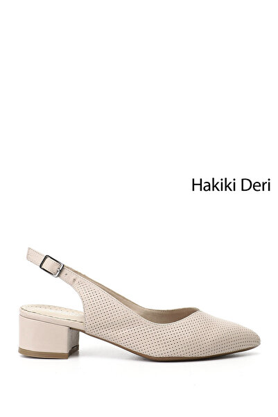 GÖNDERİ(R) Women's Beige Thick Heeled Open Back Genuine Leather Shoes