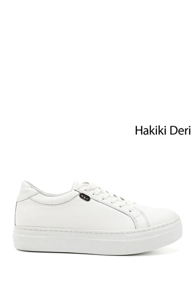 GÖNDERİ(R) Fehér Gön valódi bőr kerek orrú éktalp, fűzős női tornacipő 24240