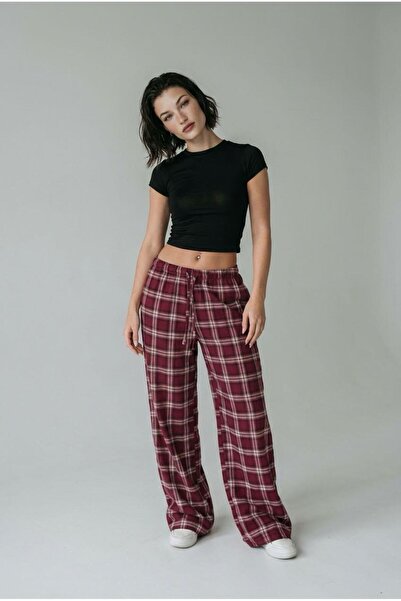 Madmext Burgundy Elastic Waist Wide Leg Plaid Trousers Mg2658