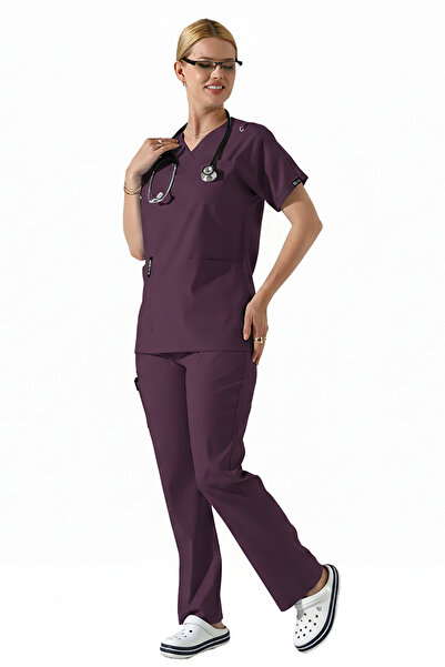 BEDUCA بدلة موحدة من الليكرا البرقوقية Dr Greys برقبة على شكل حرف V وأكمام ال...