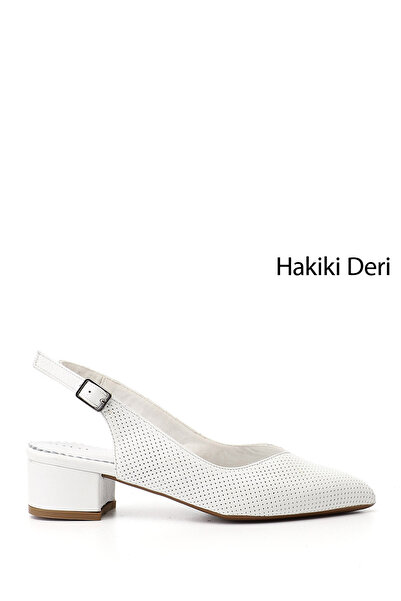 GÖNDERİ(R) حذاء نسائي أبيض بكعب سميك مفتوح من الخلف من الجلد الطبيعي