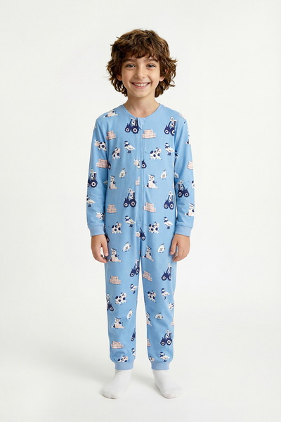 Penti Blue Boy's Farm Cow Patterned Zippered Pajama Jumpsuit