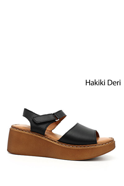GÖNDERİ(R) Women's Black Wedge Sole Genuine Leather Sandals