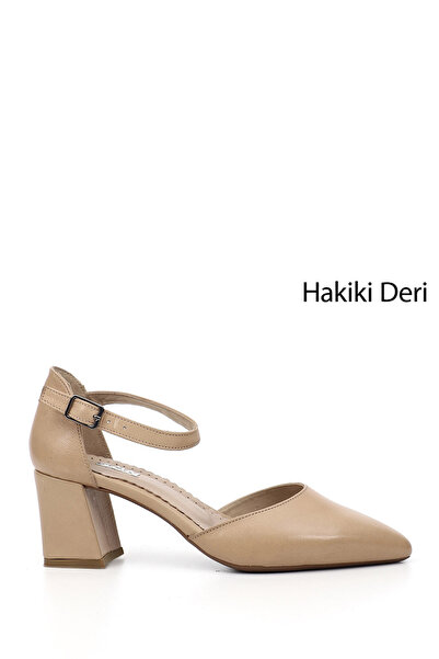 GÖNDERİ(R) Women's Beige Antique Ankle Strap Medium Heeled Genuine Leather Shoes