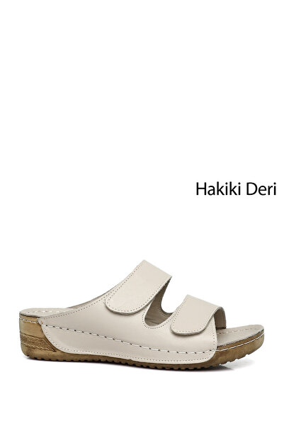 GÖNDERİ(R) Дамски кремави пантофи с велкро и подплатена подметка от естествен...