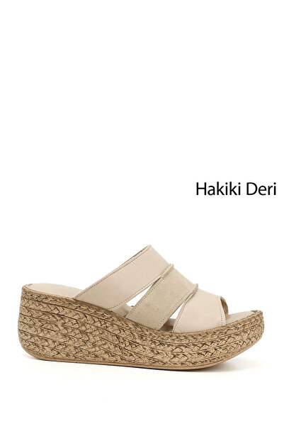 GÖNDERİ(R) Women's Beige Antique Genuine Leather Wedge Sole Slippers