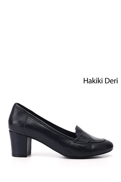 GÖNDERİ(R) Women's Navy Blue Thick Heeled Genuine Leather Shoes