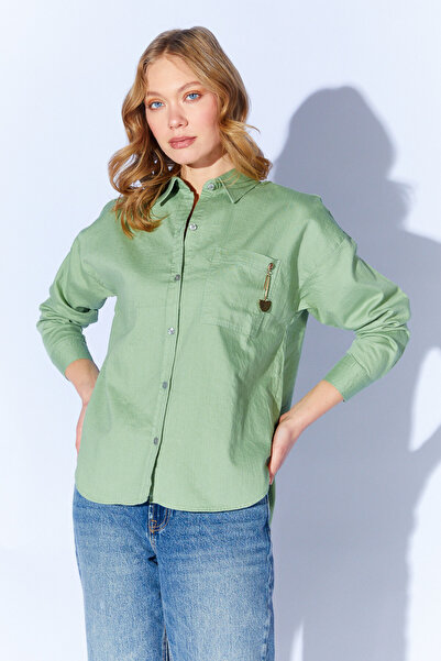 Manche Çağla Broş Detaylı Oversize Tek Cepli Gabardin Gömlek | MKW168174-01