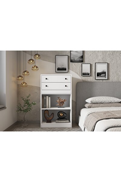 Nettrends Iki Çekmeceli Raflı Beyaz Şifonyer Çıtasız Şfn-1049-ç