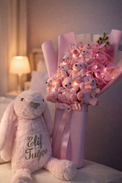 BİDOLUTAKI 9 Pembe Ayıcık Buketi, İsme Özel Peluş Tavşan. Orkide Çiçeği Sevgi...