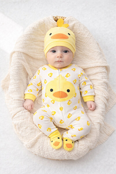İZYALİF BABY Kız Erkek Bebek Civcivli Tulum 2 Parça Şapkalı Oyuncak Dahil Değ...