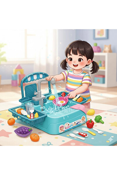 Doğan Oyuncak Dünyası Mavi Su Akıtan Mutfak Lavabosu Seti - Çeşmeli Sesli Lav...