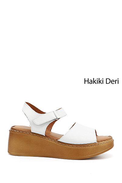 GÖNDERİ(R) Women's White Wedge Sole Genuine Leather Sandals