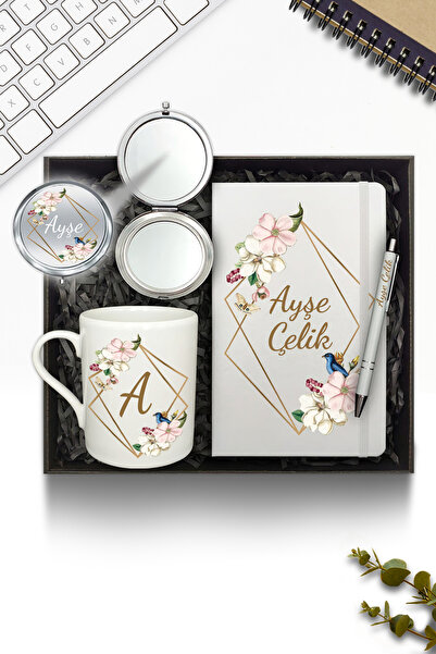 AS&GİFT Kişiye Özel Beyaz Defter & Beyaz Kupa & Makyaj Aynası & Beyaz Kalem &...